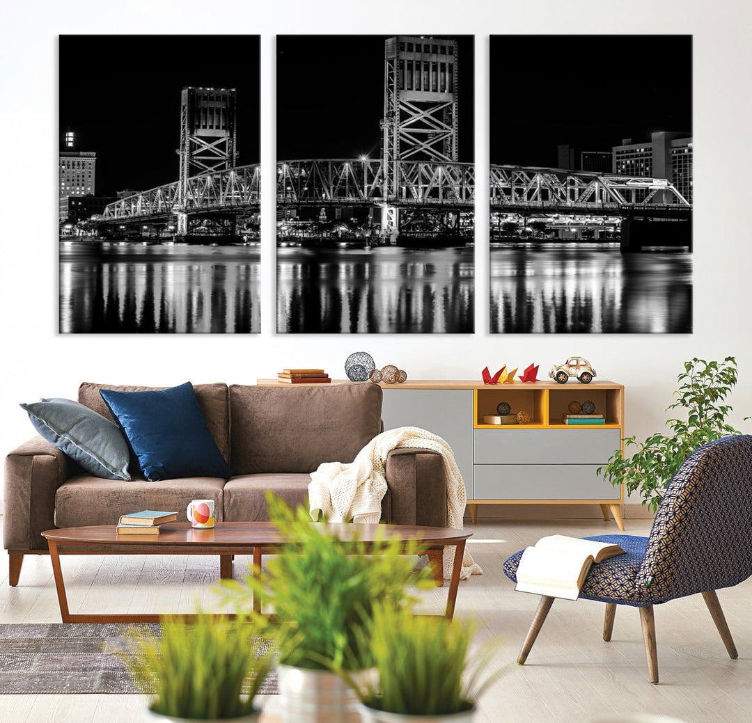 The Jacksonville City Bridge Night Wall Art Canvas Print is a black and white triptych depicting the city bridge at night. It features a UV-protective coating on museum-quality canvas.