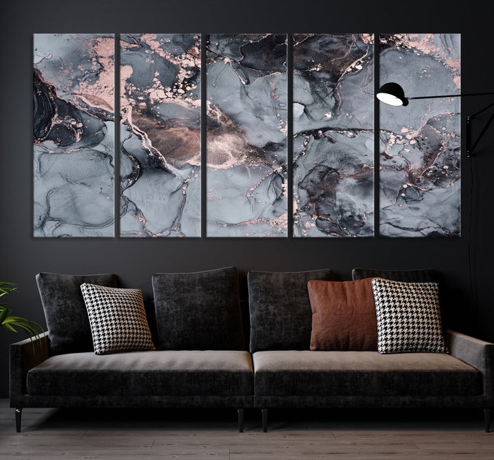 Impresión de arte de pared grande con efecto fluido de mármol gris y oro rosa, lienzo abstracto moderno