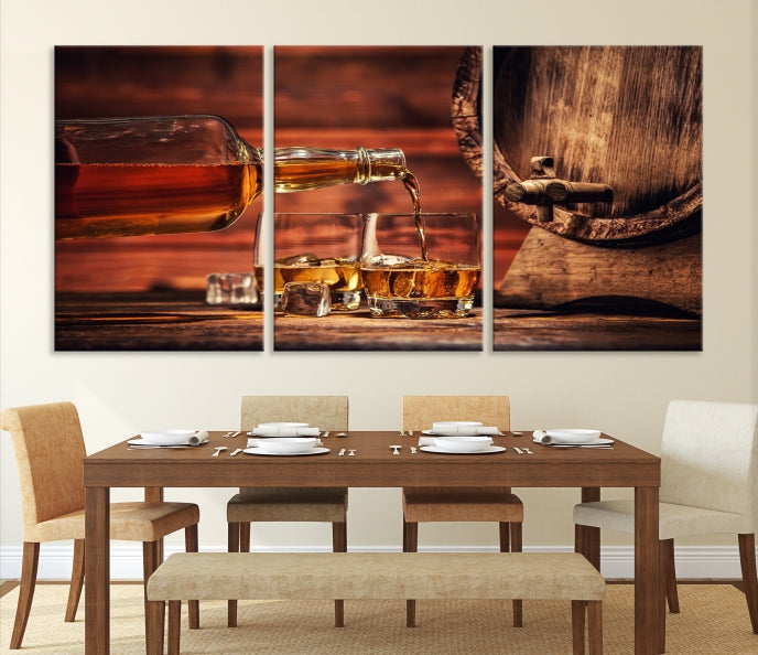 Lienzo decorativo para pared grande con whisky y barril