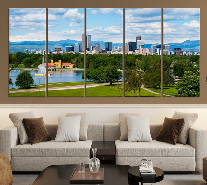 Denver City Park au printemps nuageux Skyline paysage urbain vue murale impression sur toile