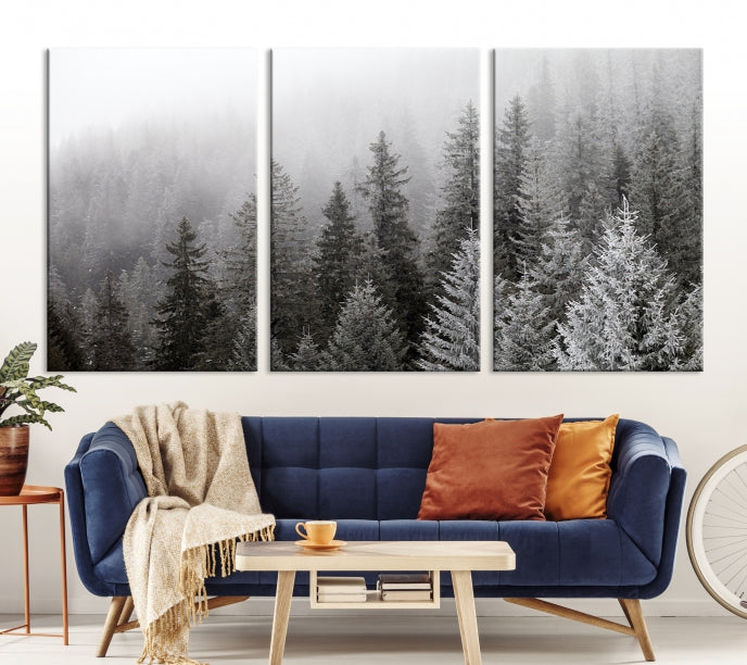 Gran bosque de niebla y bosque de árboles brumosos, arte de pared grande, impresión en lienzo