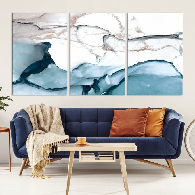 Blue and Rose Gold Marble Fluid Effect Wall Art Abstract Canvas Art Print