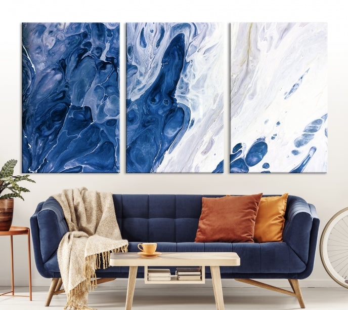 Arte de pared grande con efecto fluido de mármol azul marino, lienzo abstracto moderno, impresión artística de pared