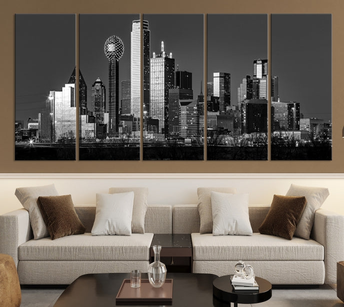 Dallas City Lights Skyline Art mural noir et blanc Paysage urbain Impression sur toile