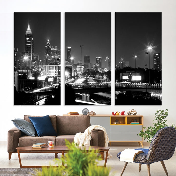 Atlanta City Lights Skyline Art mural noir et blanc Paysage urbain Impression sur toile