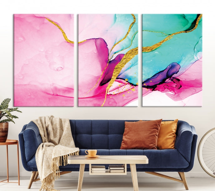 Impresión de arte de pared grande con efecto fluido de mármol rosa y dorado, lienzo abstracto moderno