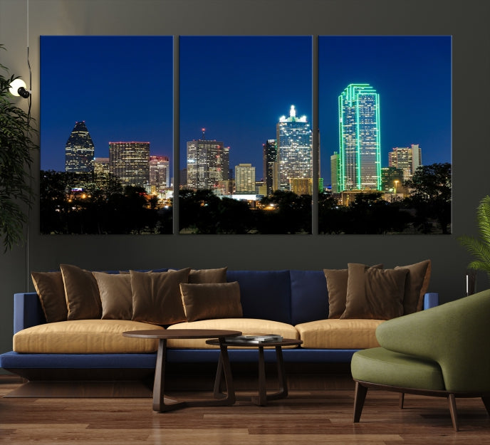 Impresión en lienzo de arte de pared grande con vista del paisaje urbano del horizonte azul nocturno de las luces de la ciudad de Dallas