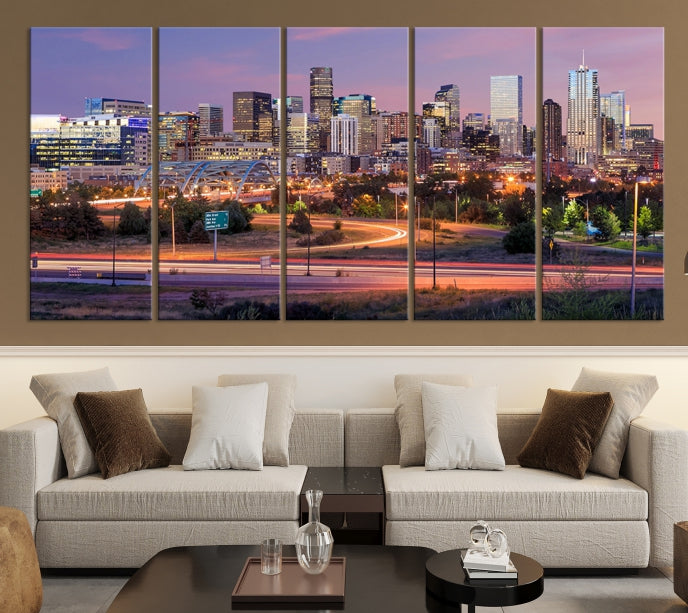 Impresión en lienzo de arte de pared grande con vista del paisaje urbano del horizonte púrpura del atardecer de las luces de la ciudad de Denver