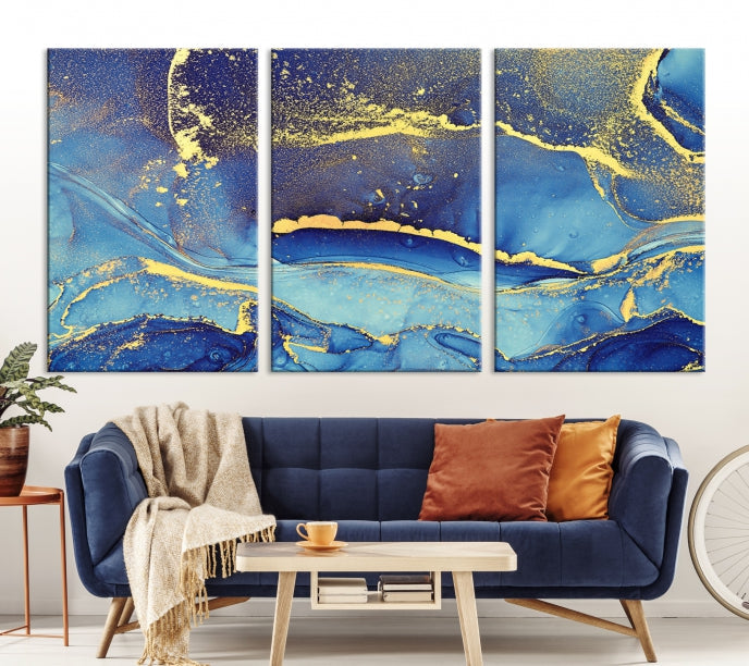 Splash Yellow Color Blue Marble Abstract Canvas Wall Art Print