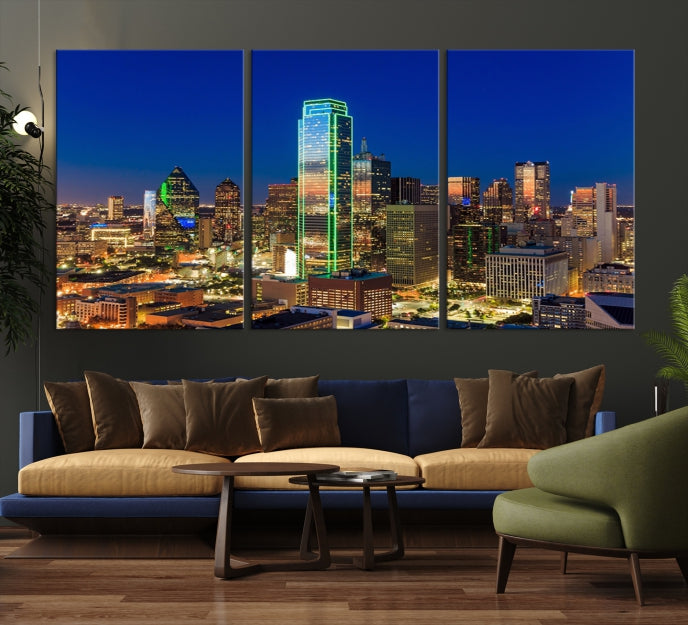 Impresión en lienzo de arte de pared grande con vista del paisaje urbano del horizonte azul nocturno de las luces de la ciudad de Dallas