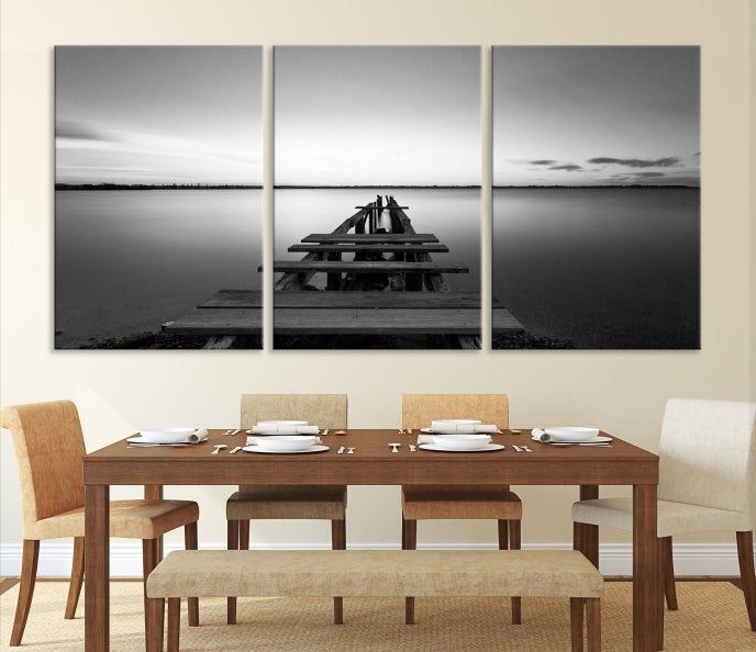 Wood Pier and Sea Wall Art Canvas Print