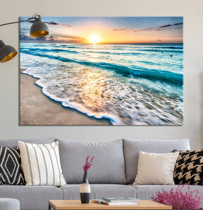 Sunset Beach Waves Canvas Wall Art – 5-Panel Ocean Sunset Print – Coastal Decor for Living Room or Bedroom – Ready to Hang