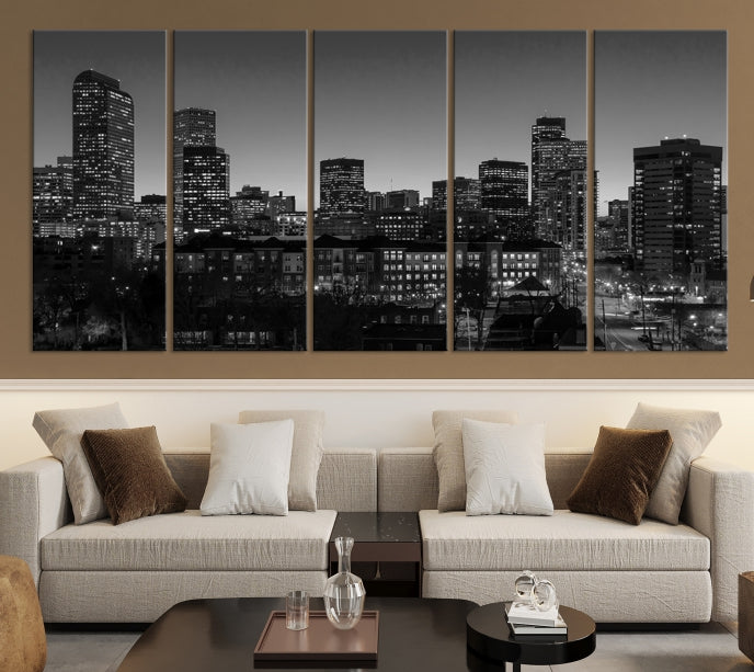 Denver City Lights Skyline Black and White Wall Art Cityscape Canvas Print