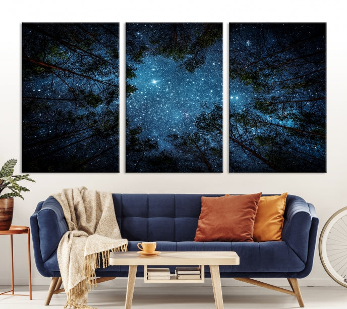 Impression sur toile d’art mural forêt et étoiles