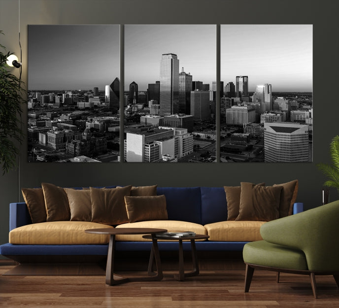 Dallas City Skyline Art mural noir et blanc Paysage urbain Impression sur toile