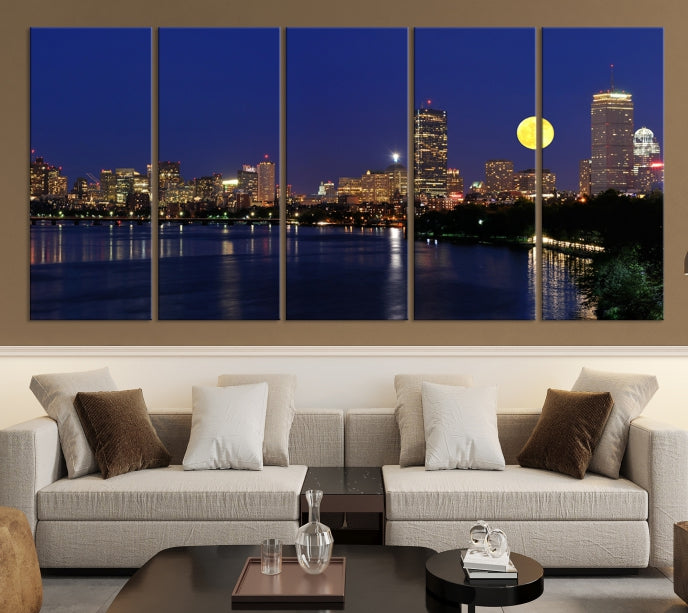 Boston City Lights Pleine Lune Nuit Skyline Cityscape View Wall Art Impression sur toile