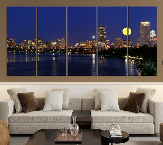 Luces de la ciudad de Boston, horizonte nocturno de luna llena, vista del paisaje urbano, arte de pared grande, impresión en lienzo