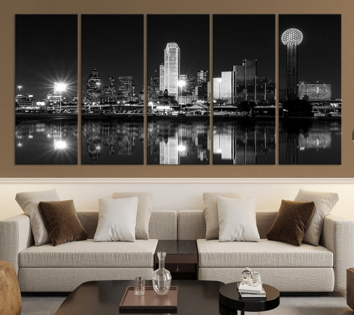 Dallas City Lights Skyline Art mural noir et blanc Paysage urbain Impression sur toile