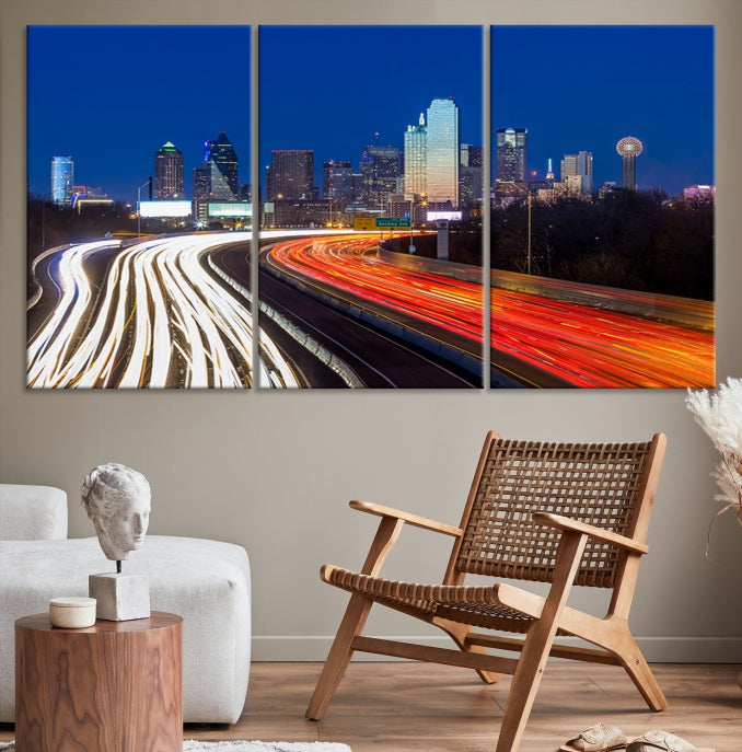 Dallas City Street Lights Night Skyline Cityscape View Wall Art Impression sur toile