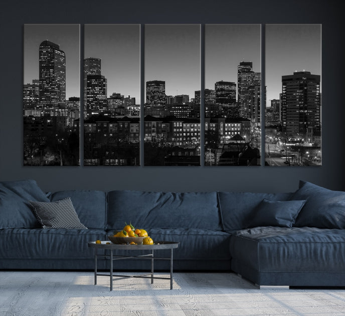 Denver City Lights Skyline Black and White Wall Art Cityscape Canvas Print