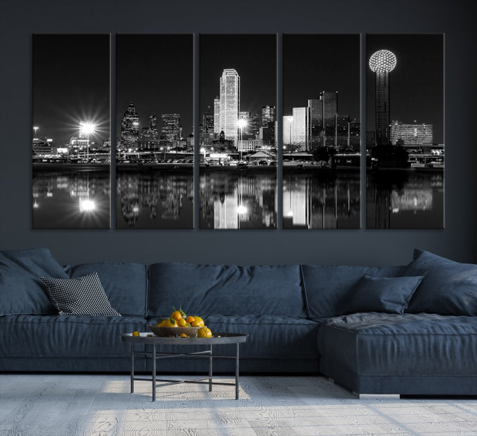 Dallas City Lights Skyline Art mural noir et blanc Paysage urbain Impression sur toile