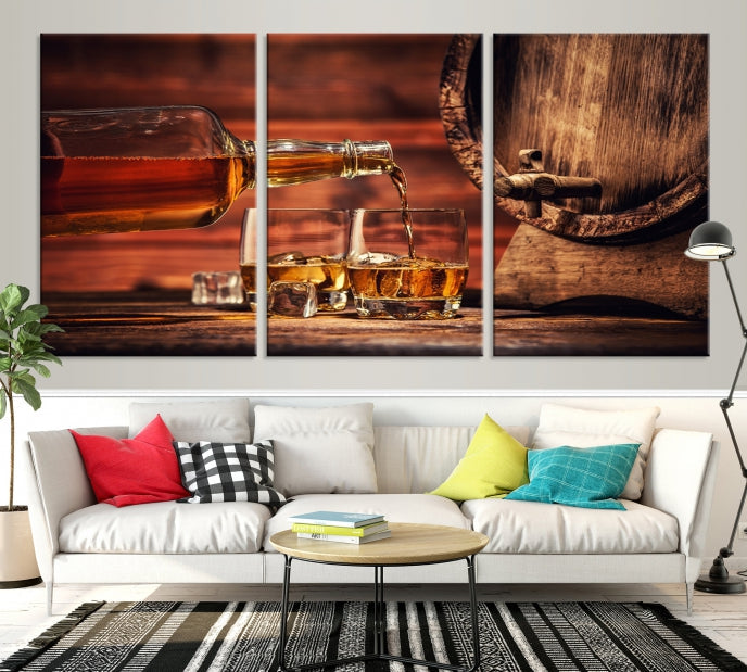 Lienzo decorativo para pared grande con whisky y barril