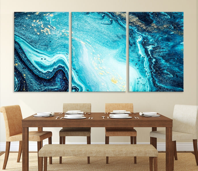 Neon Blue and Gold Marble Fluid Effect Wall Art Abstract Canvas Wall Art Print