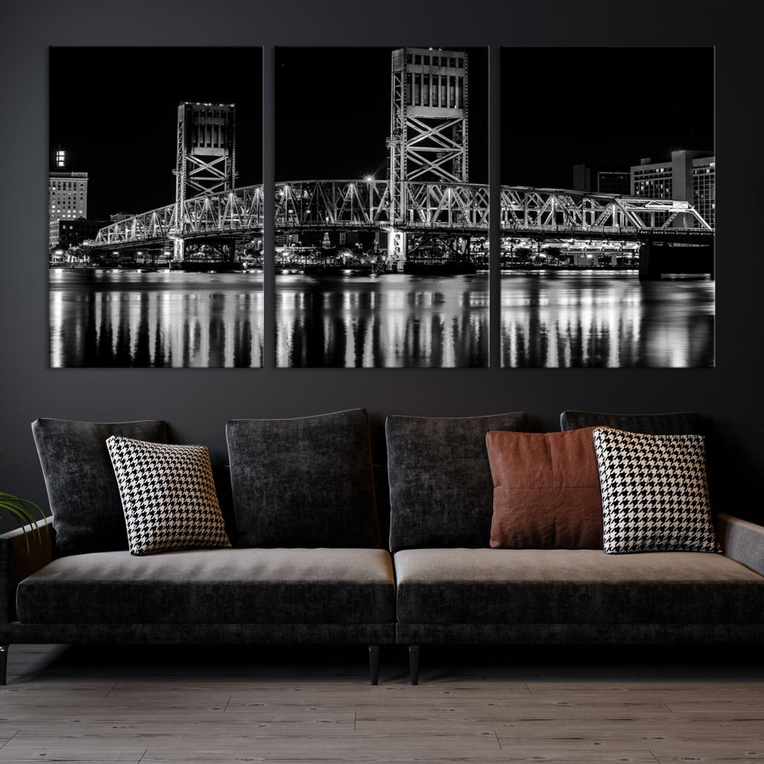 The Jacksonville City Bridge Night Wall Art Canvas Print is a black and white triptych depicting the city bridge at night. It features a UV-protective coating on museum-quality canvas.