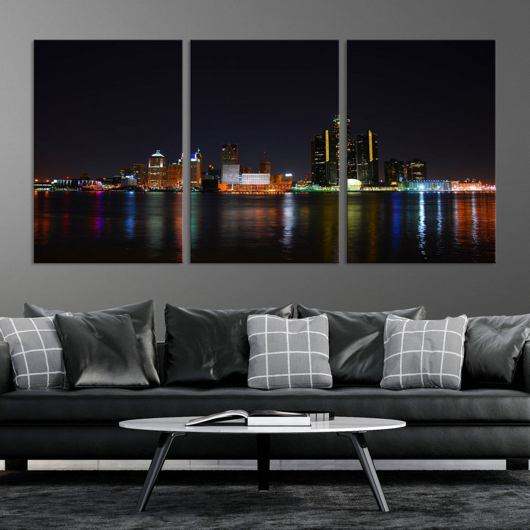 Detroit City Lights Night Skyline Cityscape View Wall Art Canvas Print