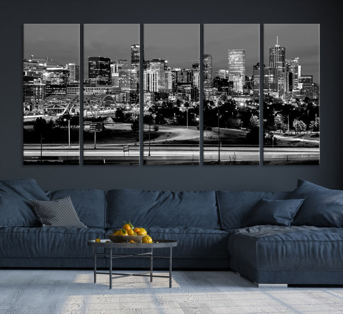 Denver City Lights Skyline Black and White Wall Art Cityscape Canvas Print