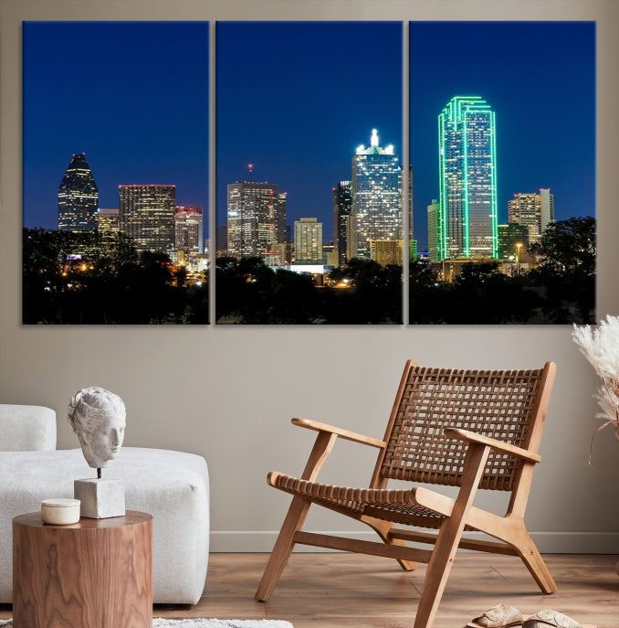 Impresión en lienzo de arte de pared grande con vista del paisaje urbano del horizonte azul nocturno de las luces de la ciudad de Dallas