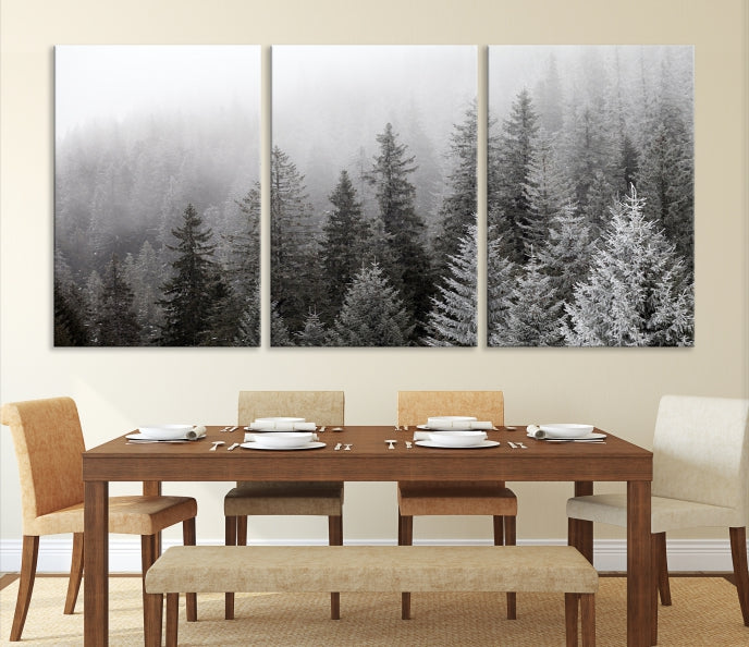 Gran bosque de niebla y bosque de árboles brumosos, arte de pared grande, impresión en lienzo