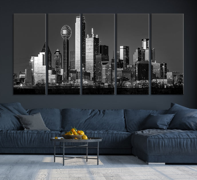 Dallas City Lights Skyline Art mural noir et blanc Paysage urbain Impression sur toile