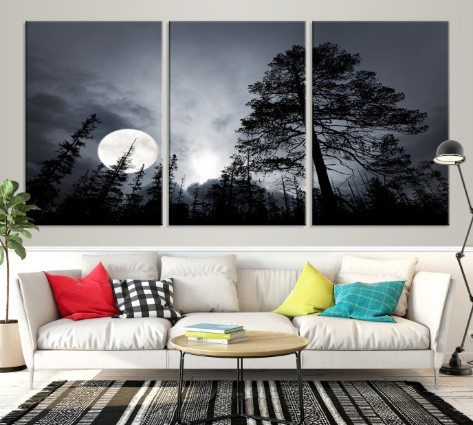 Lienzo decorativo para pared con luna y árboles