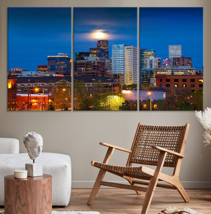 Impresión en lienzo de arte de pared grande con vista del paisaje urbano del horizonte azul nocturno de las luces de la ciudad de Denver