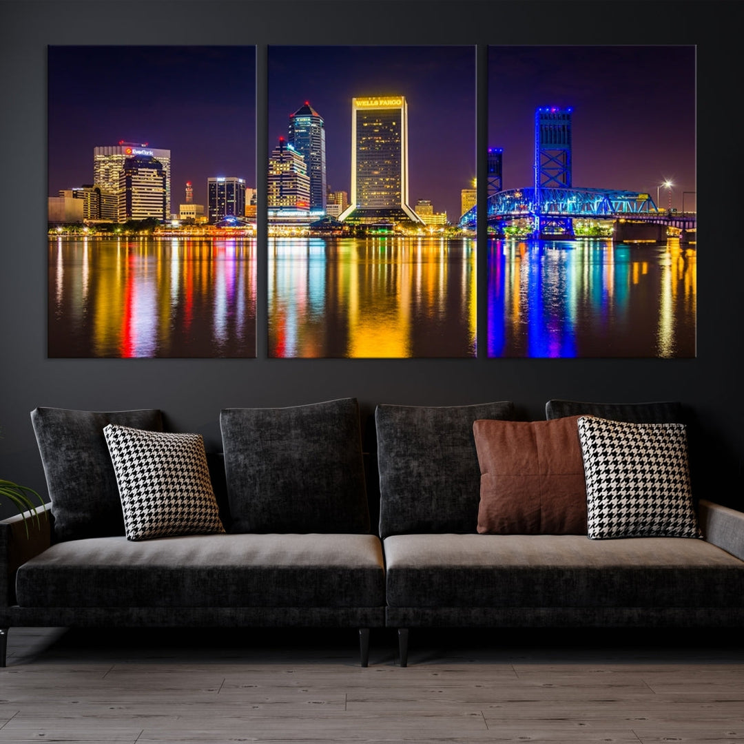 The Jacksonville City cityscape wall art captures a vibrant city skyline at night with colorful reflections in the water and is elegantly displayed on museum-quality gallery wrapped canvas.