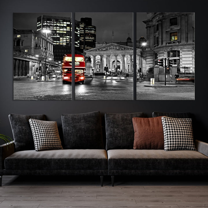 London Night Red Bus Wall Art Canvas Print, London Black and White Wall Art