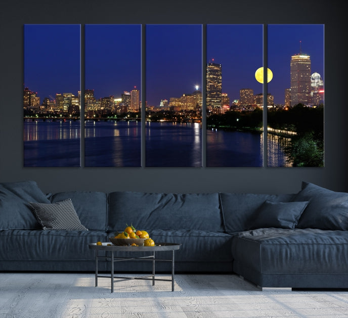 Luces de la ciudad de Boston, horizonte nocturno de luna llena, vista del paisaje urbano, arte de pared grande, impresión en lienzo