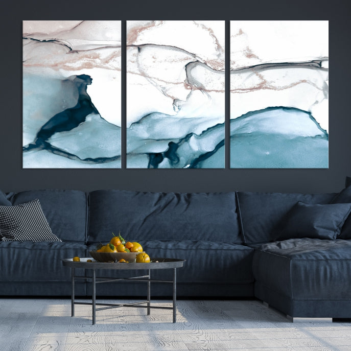 Blue and Rose Gold Marble Fluid Effect Wall Art Abstract Canvas Art Print