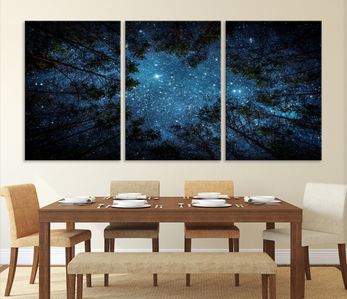 Impression sur toile d’art mural forêt et étoiles