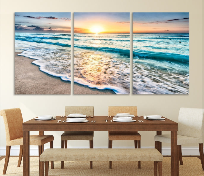 Sunset Beach Waves Canvas Wall Art – 5-Panel Ocean Sunset Print – Coastal Decor for Living Room or Bedroom – Ready to Hang