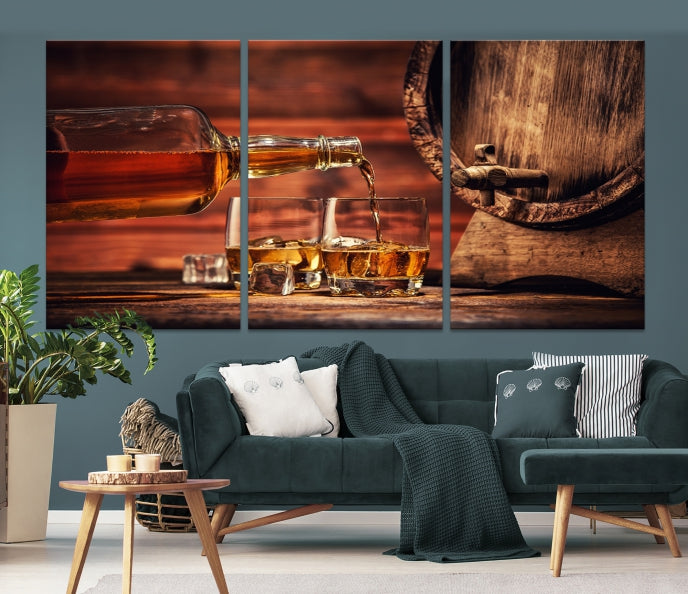 Lienzo decorativo para pared grande con whisky y barril