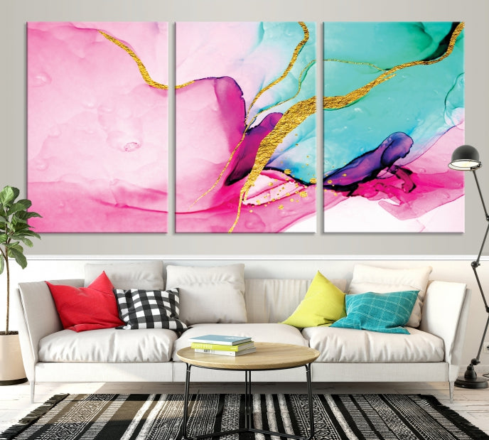 Pink and Gold Marble Fluid Effect Wall Art Abstract Canvas Wall Art Print