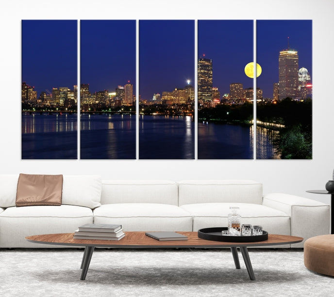 Luces de la ciudad de Boston, horizonte nocturno de luna llena, vista del paisaje urbano, arte de pared grande, impresión en lienzo