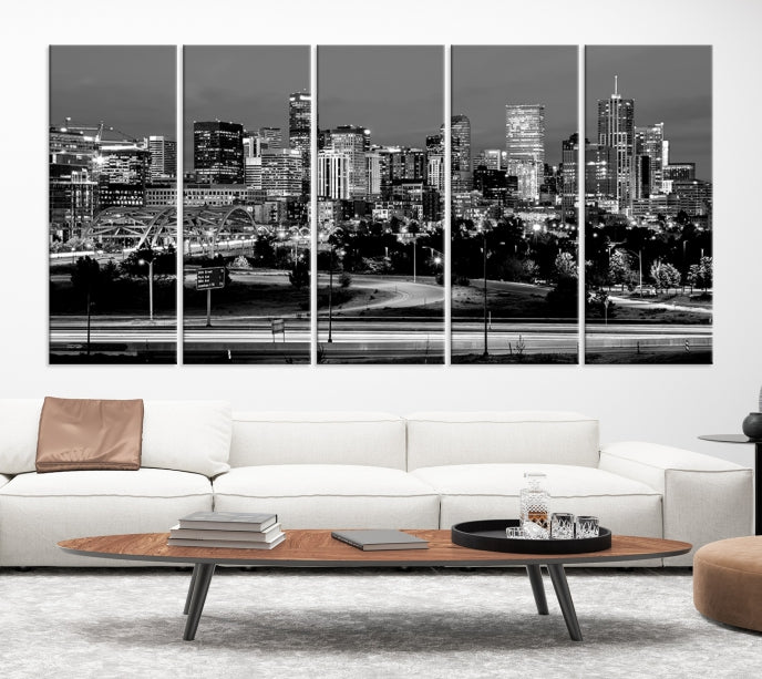 Denver City Lights Skyline Black and White Wall Art Cityscape Canvas Print