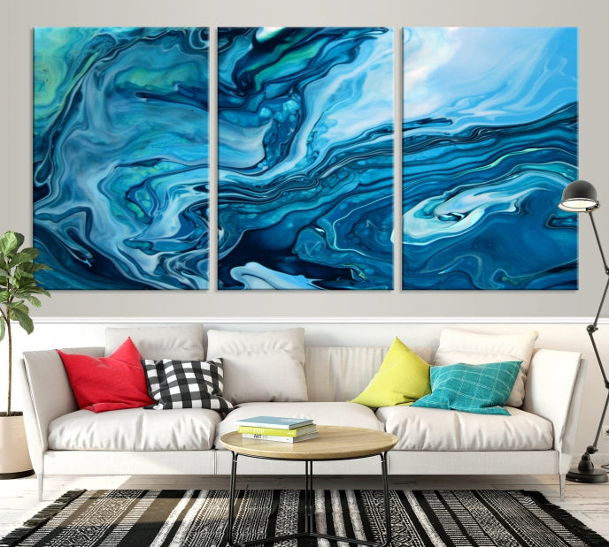 Arte de pared grande con efecto fluido de mármol azul marino, lienzo abstracto moderno, impresión artística de pared