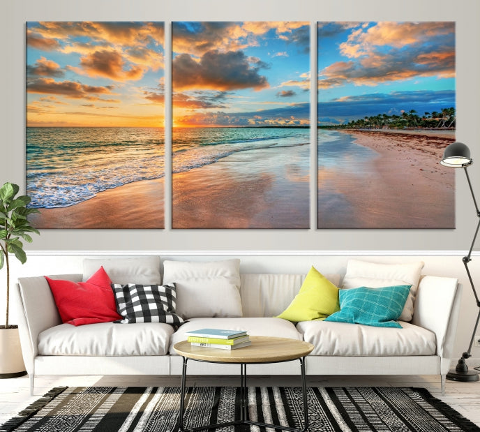 Sunset Beach Canvas Wall Art – Tropical Triptych Seascape Print – Coastal Ocean Decor for Living Room or Bedroom – Ready to Hang