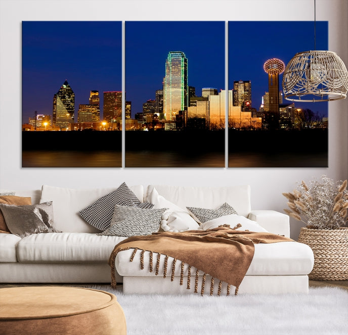 Impresión en lienzo de arte de pared grande con vista del paisaje urbano del horizonte azul nocturno de las luces de la ciudad de Dallas