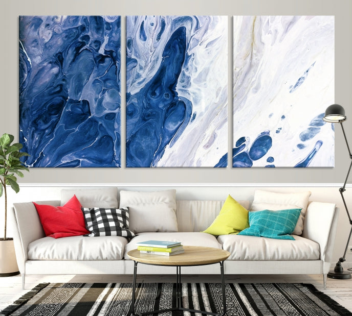 Arte de pared grande con efecto fluido de mármol azul marino, lienzo abstracto moderno, impresión artística de pared