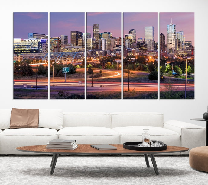 Denver City Lights Coucher de soleil Violet Skyline Paysage urbain Vue Art mural Impression sur toile